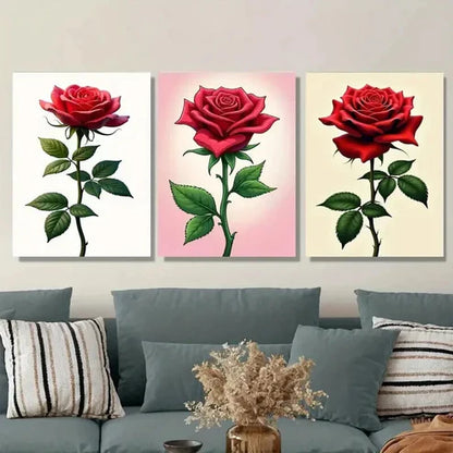 3pcs Red Rose Triptych Classic & Glam Style Wall Art Set Canvas Unframed - High Quality Print 100% Australian Made Wall Canvas