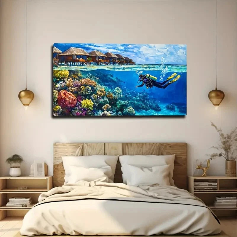 Vacation House Coral Reef Wall Art Canvas Office Home Room Framed 120x60cm