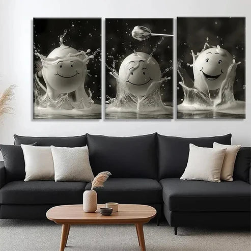 3pcs Smiling Milk Splash Whimsical Perfect Wall Art Set Canvas Unframed - High Quality Print 100% Australian Made Wall Canvas