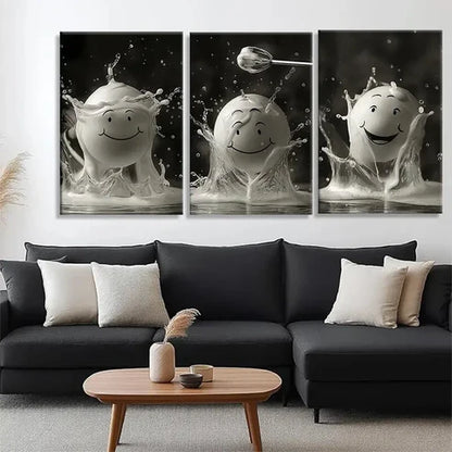 3pcs Smiling Milk Splash Whimsical Perfect Wall Art Set Canvas Unframed - High Quality Print 100% Australian Made Wall Canvas