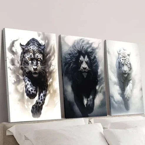 3pcs Black Cheetah Lion & White Tiger Wall Art Set Canvas Unframed - High Quality Print 100% Australian Made Wall Canvas - Bella Home Decor