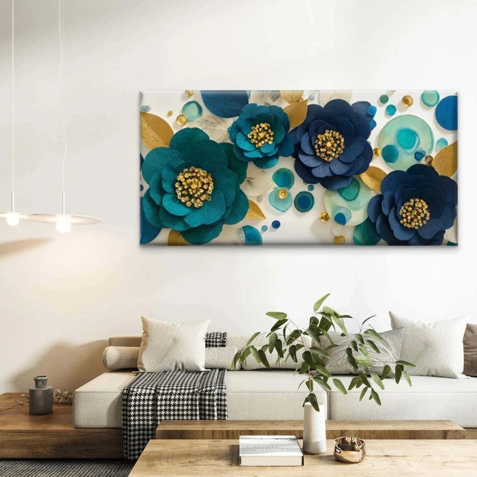 Floral Navy & Golden Accent Wall Art Canvas Office Home Room Framed 120x60cm