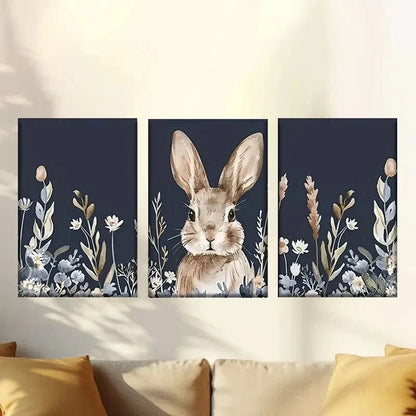 3pcs rabbit in field of flowers and plants Wall Art Set Canvas Framed 60x90cm - High Quality Print 100% Australian Made Wall Canvas Ready to Hang