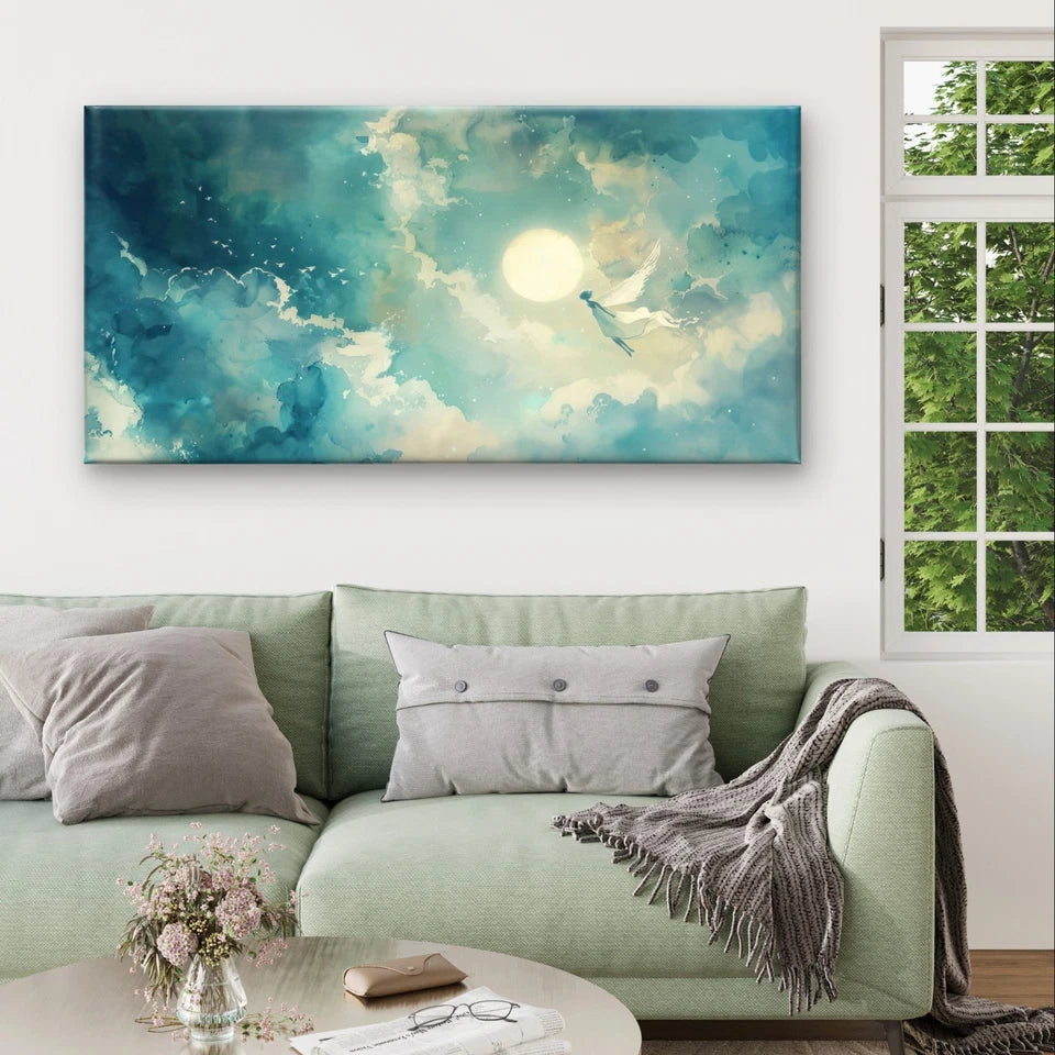 Minimalist Moonlit Fairy and Clouds Wall Art Canvas Office Home Framed 120x60cm