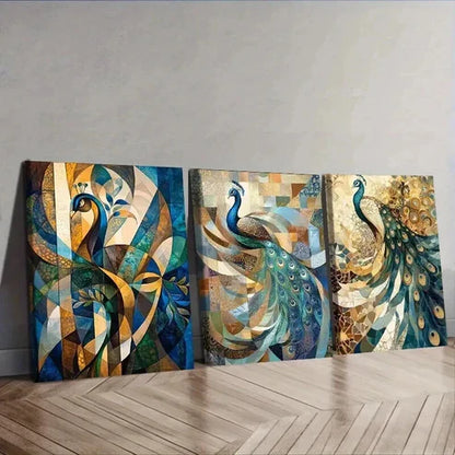 3pcs Featuring a Peacock Displaying Feathers Wall Art Set Canvas Unframed - High Quality Print 100% Australian Made Wall Canvas