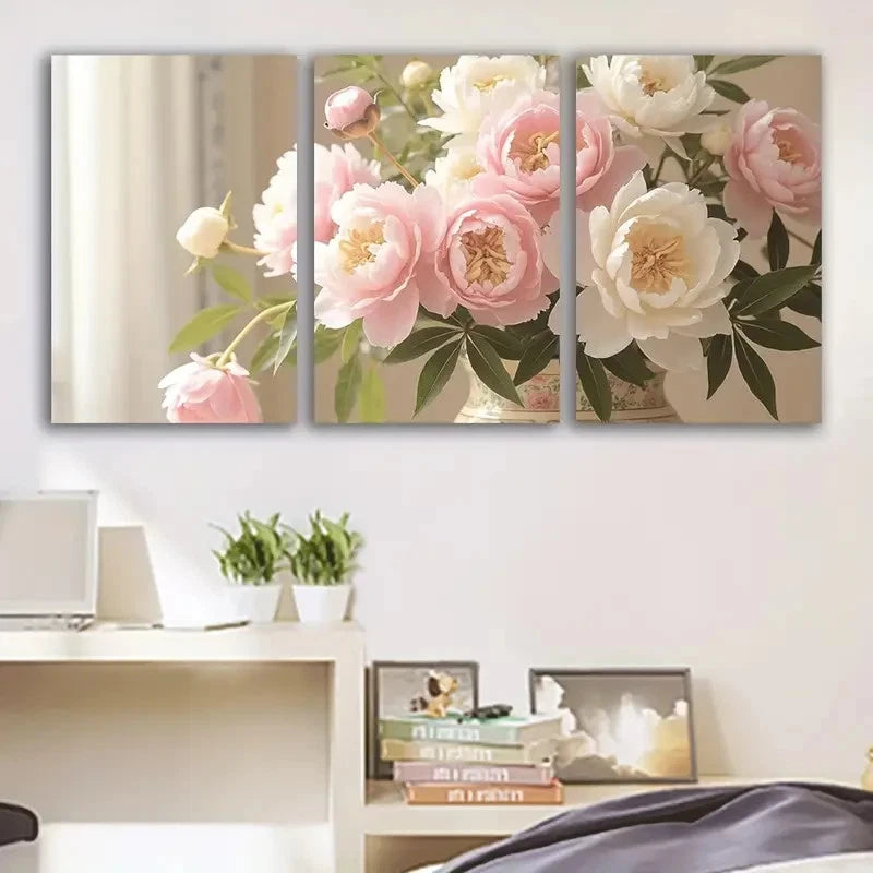 3pcs Elegant Pink & White Floral Bouquet In Vase Wall Art Set Canvas Framed 40x60cm - High Quality Print 100% Australian Made Wall Canvas Ready to Hang
