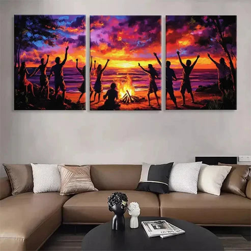 3pcs Beach Bonfire Sunset Celebration Perfect  Wall Art Set Canvas Unframed - High Quality Print 100% Australian Made Wall Canvas - Bella Home Decor