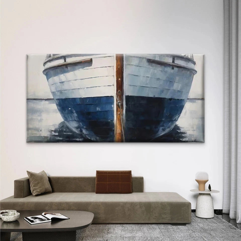 Blue & White Boat Seascape Wall Art Canvas Office Home Room Framed 120x60cm