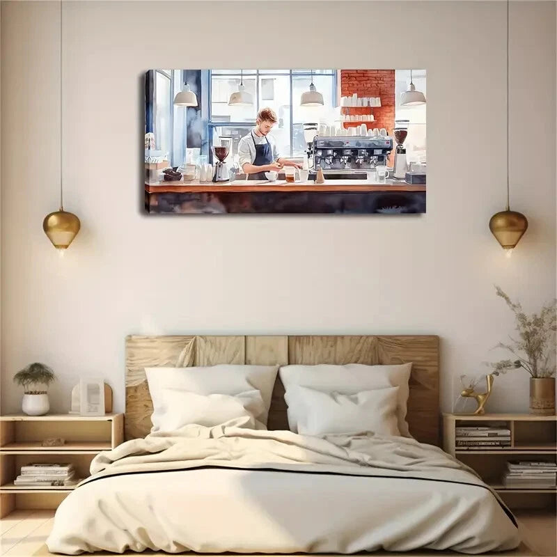 Realistic Coffee Shop Barista Wall Art Canvas Office Home Room Framed 120x60cm