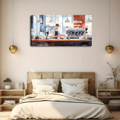 Realistic Coffee Shop Barista Wall Art Canvas Office Home Room Framed 120x60cm