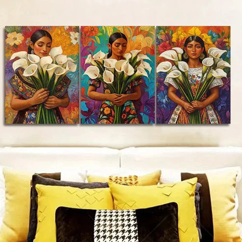 3pcs Mexican women holding flowers Wall Art Set Canvas Unframed - High Quality Print 100% Australian Made Wall Canvas - Bella Home Decor