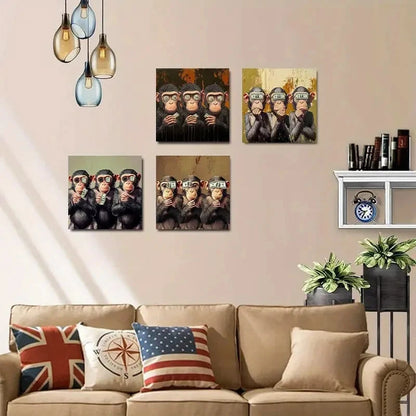 4pcs Funny Monkey Elegant Modern Wall Art Canvas Framed
