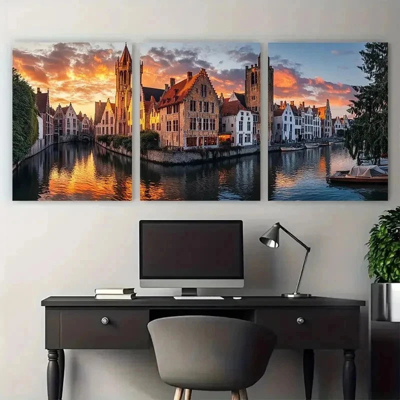 3pcs Bruges Travel Scenic Cityscape Perfect Wall Art Set Canvas Framed 50x70cm - High Quality Print 100% Australian Made Wall Canvas Ready to Hang - Bella Home Decor