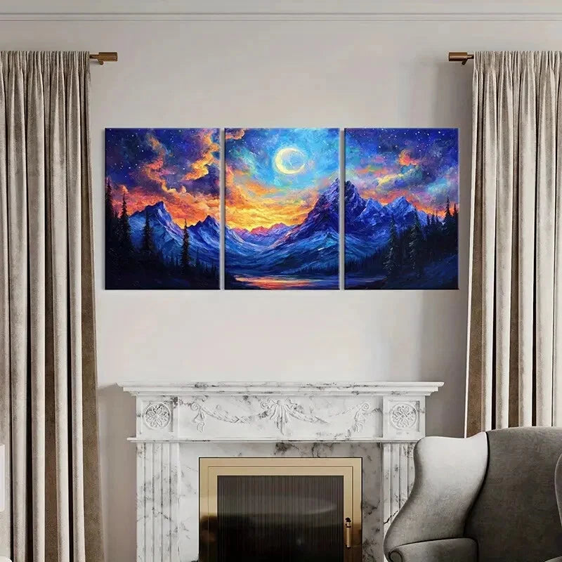 3pcs Moonlit Mountain Landscape Vibrant Sky Metal Print Ready to Hang Art - Bella Home Decor