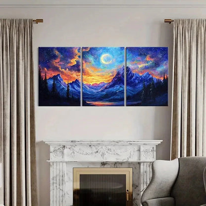 3pcs Moonlit Mountain Landscape Vibrant Sky Metal Print Ready to Hang Art - Bella Home Decor