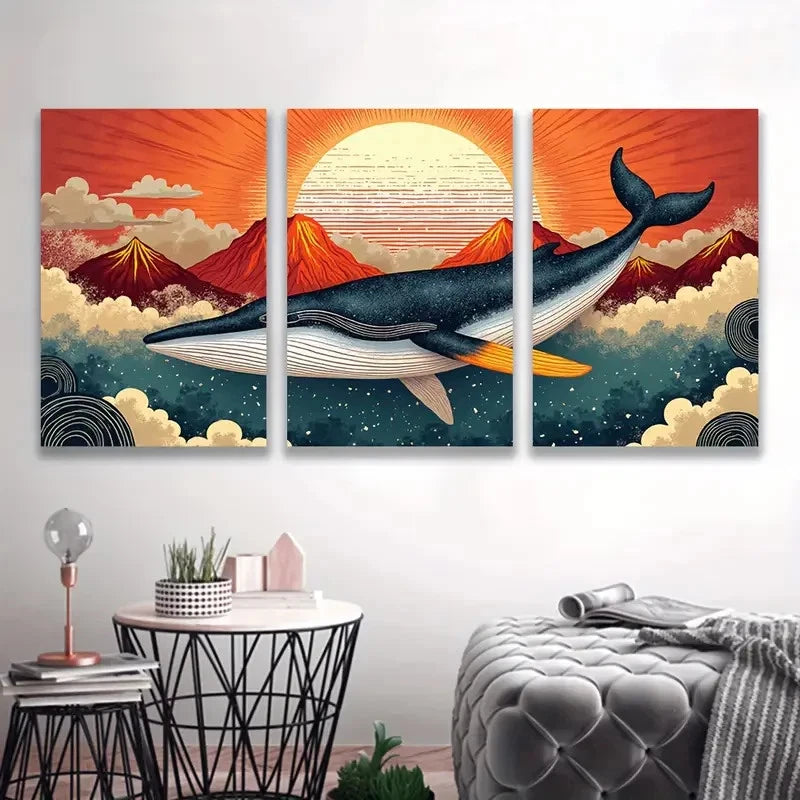3pcs Whale Jumps in sky painting   Wall Art Set Canvas Framed 40x60cm - High Quality Print 100% Australian Made Wall Canvas Ready to Hang