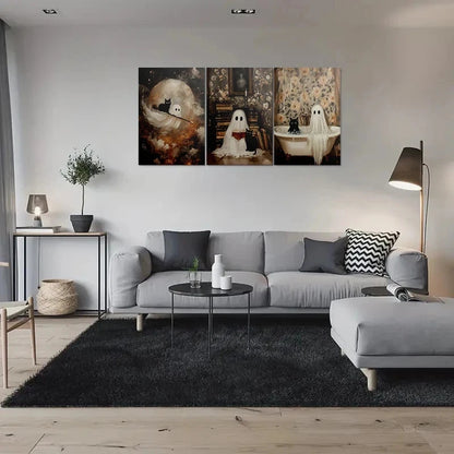3pcs Spooky Halloween Ghosts with Black Cat Metal Print Ready to Hang Art - Bella Home Decor