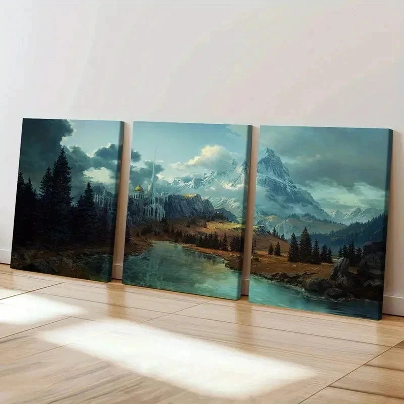 3pcs Mountains Forests and Castle Wall Art Set Canvas Framed 50x70cm - High Quality Print 100% Australian Made Wall Canvas Ready to Hang