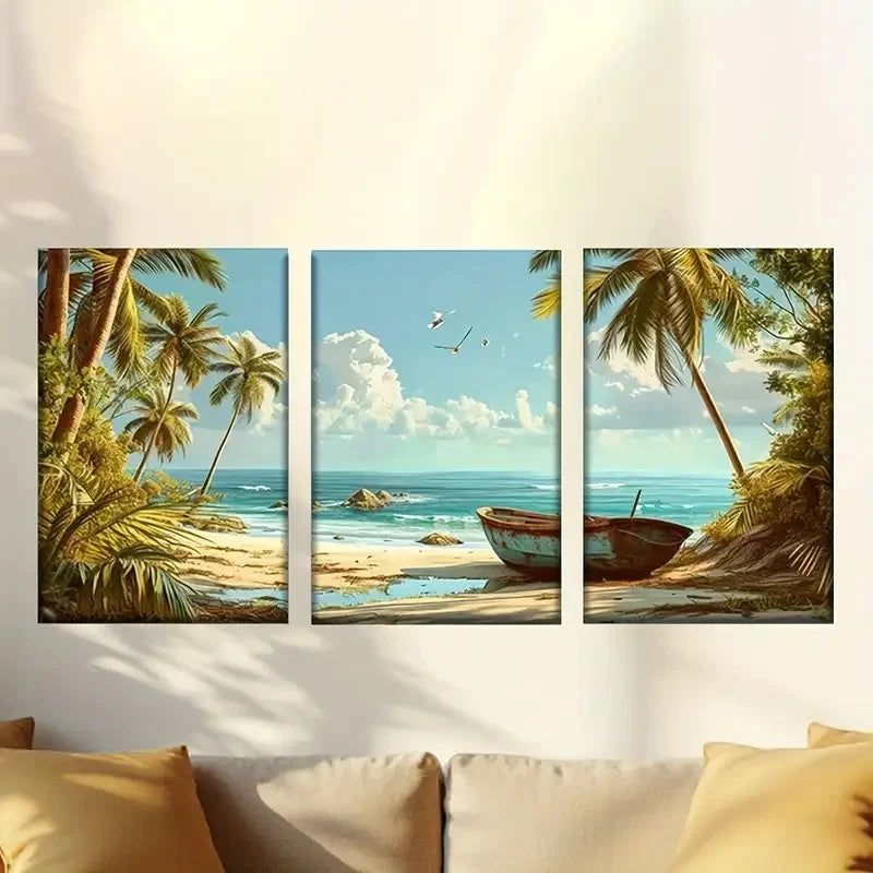 3pcs Boat on The Shore Wall Art Set Canvas Framed 60x90cm - High Quality Print 100% Australian Made Wall Canvas Ready to Hang - Bella Home Decor