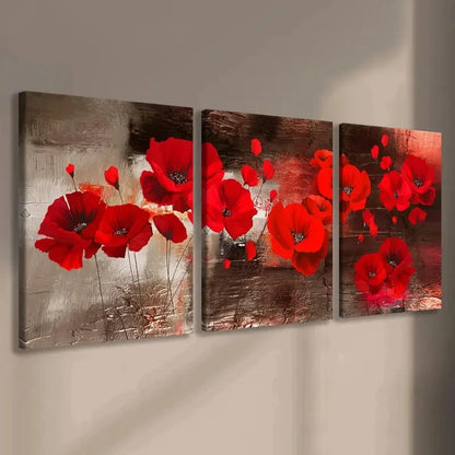 3pcs Red Poppy  Brown, Gray, White & Copper wall  Art Set Canvas Framed 60x90cm - High Quality Print 100% Australian Made Wall Canvas Ready to Hang