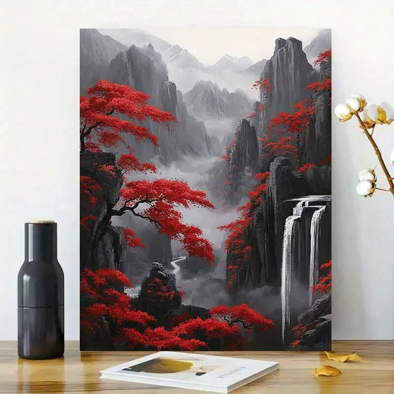 Vibrant Red Trees & Mountain Landscape Waterfall 40x60cm Metal Print Ready to Hang - Bella Home Decor