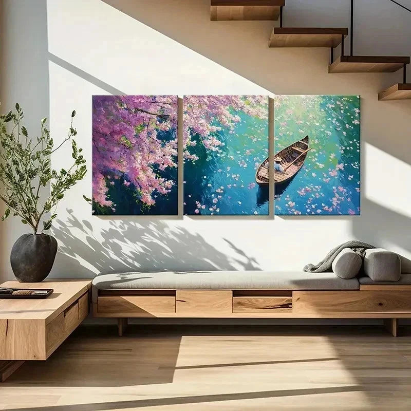 3pcs Blossom River Scene with Rowboat Wall Art Set Canvas Framed 40x60cm - High Quality Print 100% Australian Made Wall Canvas Ready to Hang - Bella Home Decor