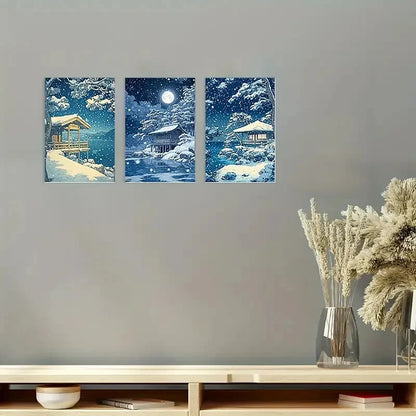 3pcs Japanese Winter Land Serene Snowy  Wall Art Set Canvas Framed 50x70cm - High Quality Print 100% Australian Made Wall Canvas Ready to Hang