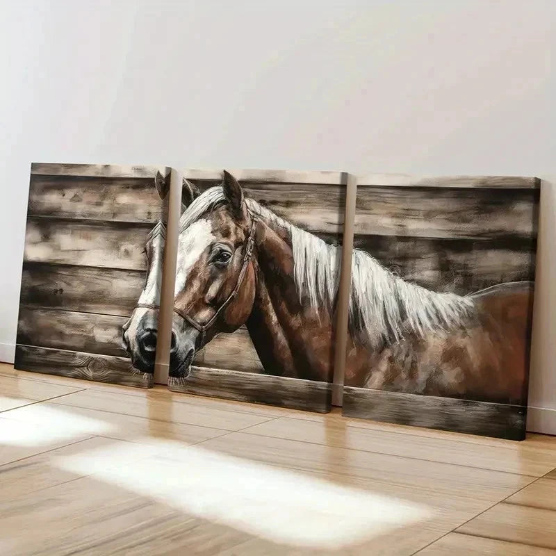 3pcs Horse with White Mane & Wooden Fence Wall Art Set Canvas Framed 60x90cm - High Quality Print 100% Australian Made Wall Canvas Ready to Hang