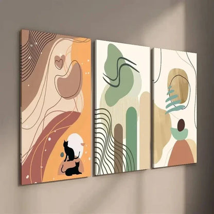 3pcs Geometric Abstract Shapes and Animal Cat Wall Art Set Canvas Unframed - High Quality Print 100% Australian Made Wall Canvas - Bella Home Decor