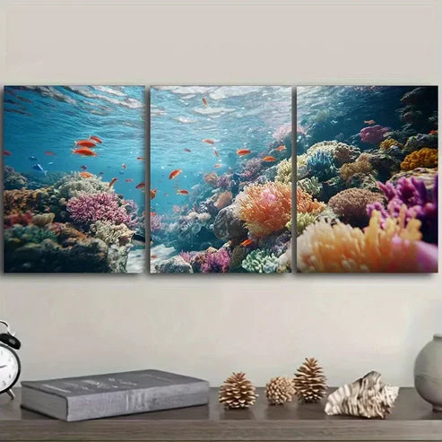 3 PCS Vibrant Coral Reef & Fish Design Nature Wall Art Set Canvas Unframed - High Quality Print 100% Australian Made Wall Canvas