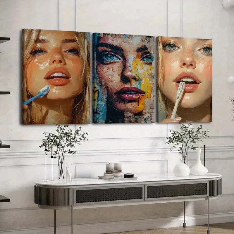 3pcs Abstract Face Makeup Vibrant Blue & Golden Wall Art Set Canvas Framed 50x70cm - High Quality Print 100% Australian Made Wall Canvas Ready to Hang