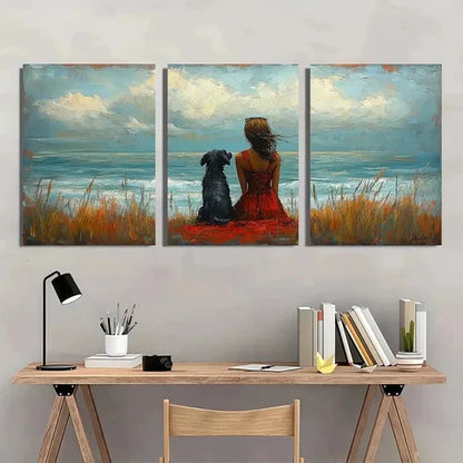 3pcs Whimsical Seaside Women With Dog  Wall Art Set Canvas Unframed - High Quality Print 100% Australian Made Wall Canvas