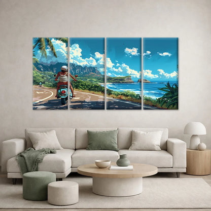 4pcs Scooter Rider on a Coastal Road Wall Art Canvas Framed 45x80cm - High Quality Print 100% Australian Made Wall Canvas Ready to Hang