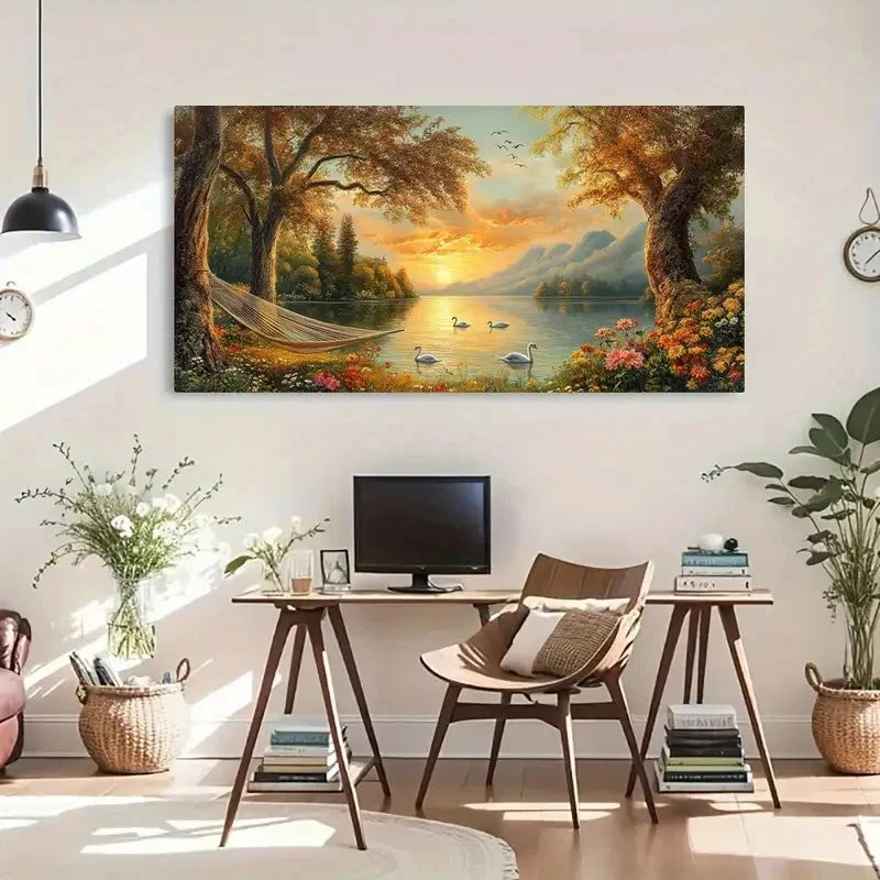 Tranquil Boat Golden Sunset Wall Art Canvas Office Home Room Framed 120x60cm - Bella Home Decor