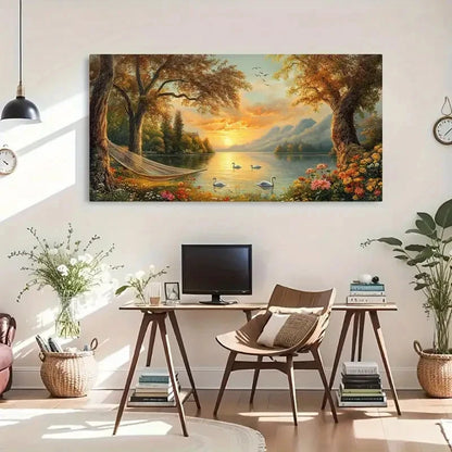 Tranquil Boat Golden Sunset Wall Art Canvas Office Home Room Framed 120x60cm - Bella Home Decor