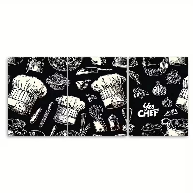 3pcs Chef Hats, Spatulas & Utensils Design Wall Art Set Canvas Framed 50x70cm - High Quality Print 100% Australian Made Wall Canvas Ready to Hang