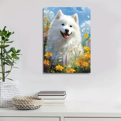 Cute Samoyed Dog with Flowers & Plants Painting 40x60cm Metal Print Ready to Hang - Bella Home Decor