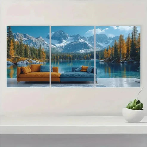 3pcs Lake Painting in Earthy Tones Z  Wall Art Set Canvas Unframed - High Quality Print 100% Australian Made Wall Canvas - Bella Home Decor