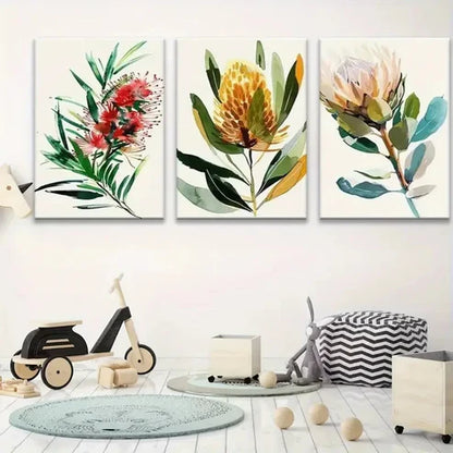 3pcs Flower Decor with Green Leaves Wall Art Canvas Unframed - High Quality Print 100% Australian Made Wall Canvas