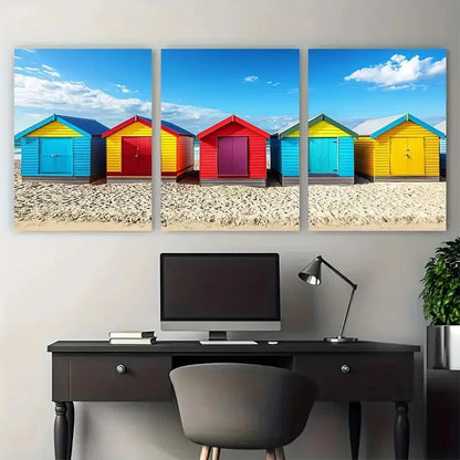 3pcs Vibrant Melbourne Beach Huts Australian  Wall Art Set Canvas Framed 60x90cm - High Quality Print 100% Australian Made Wall Canvas Ready to Hang
