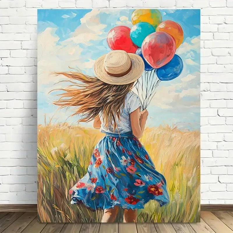 Beautiful Colorful Balloons In Wheat Field Painting 40x60cm Metal Print Ready to Hang - Bella Home Decor
