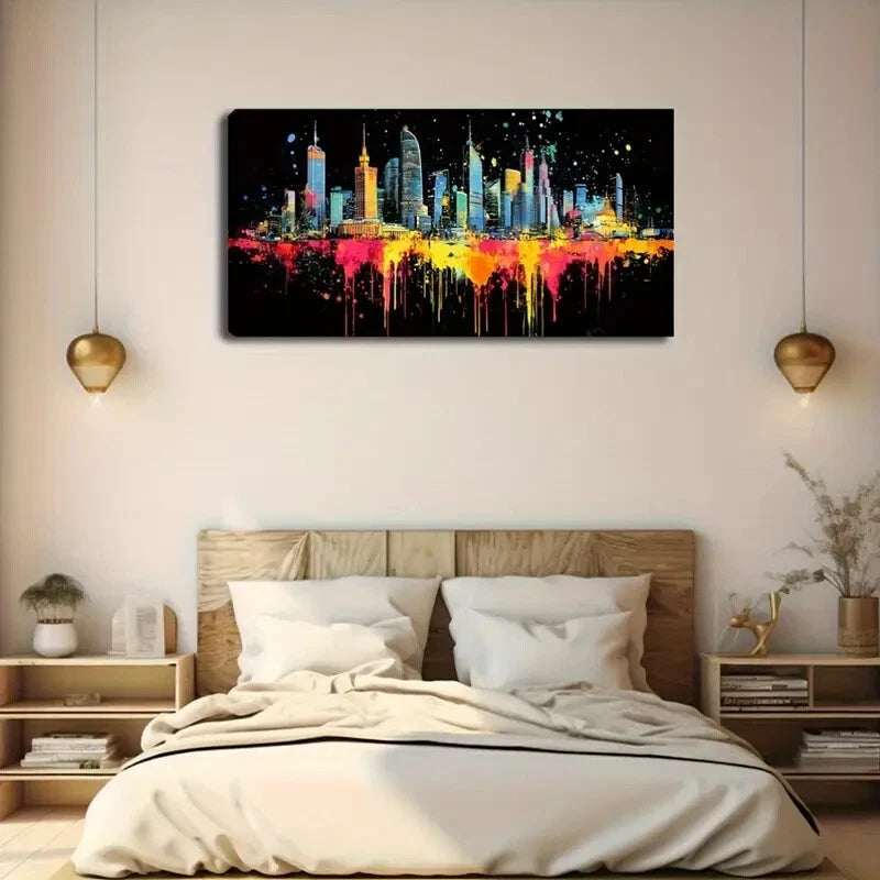 Vibrant Cityscape Splatter Wall Art Canvas Office Home Room Framed 120x60cm - Bella Home Decor