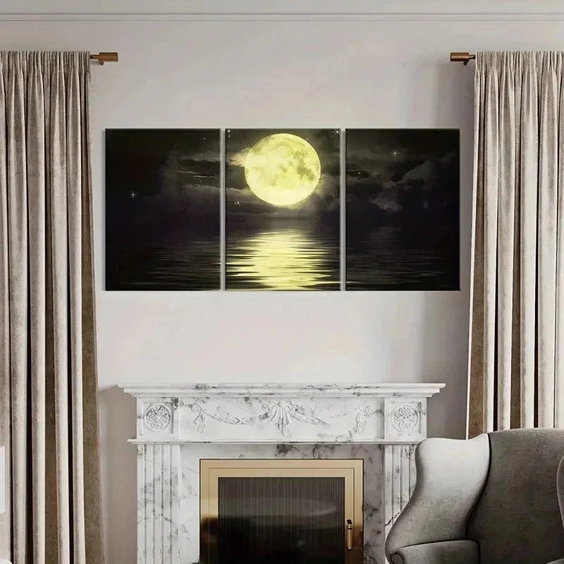 3pcs Full Moon Ocean Natural Landscape Wall Art Set Canvas Framed 60x90cm - High Quality Print 100% Australian Made Wall Canvas Ready to Hang - Bella Home Decor