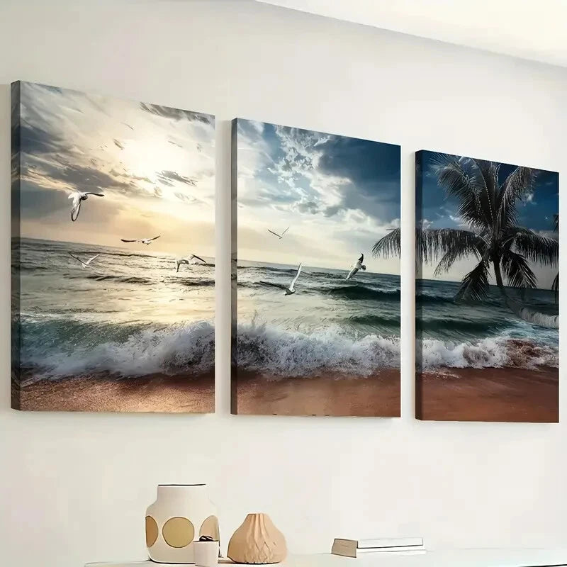 3pcs Beach Sunset Ocean Themed Wall Art Set Canvas Framed 40x60cm - High Quality Print 100% Australian Made Wall Canvas Ready to Hang