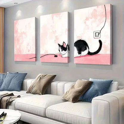 3pcs Playful Kitten & Electric Cord Modern Wall Art Set Canvas Unframed - High Quality Print 100% Australian Made Wall Canvas