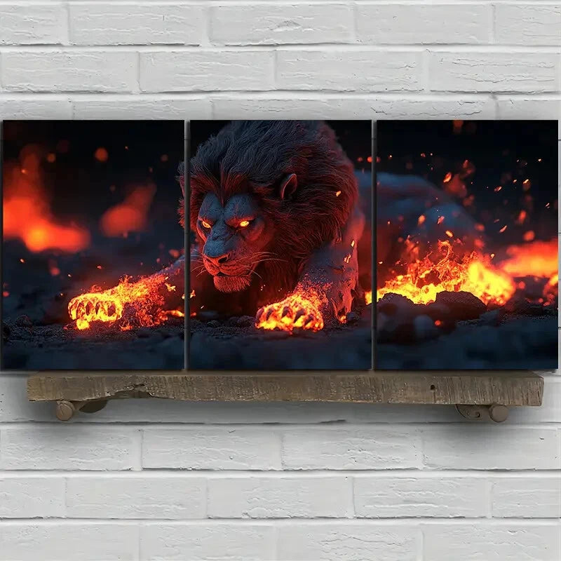 3pcs Abstract Running Lion Fire Effect Metal Print Ready to Hang Art - Bella Home Decor