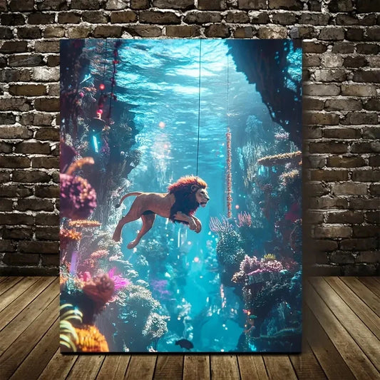 Cyberpunk Lion Swing Underwater Scene 40x60cm Metal Print Ready to Hang - Bella Home Decor