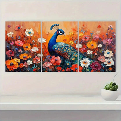 3pcs Vintage Floral Peacock Vibrant Orange Blue Wall Art Set Canvas Framed 60x90cm - High Quality Print 100% Australian Made Wall Canvas Ready to Hang