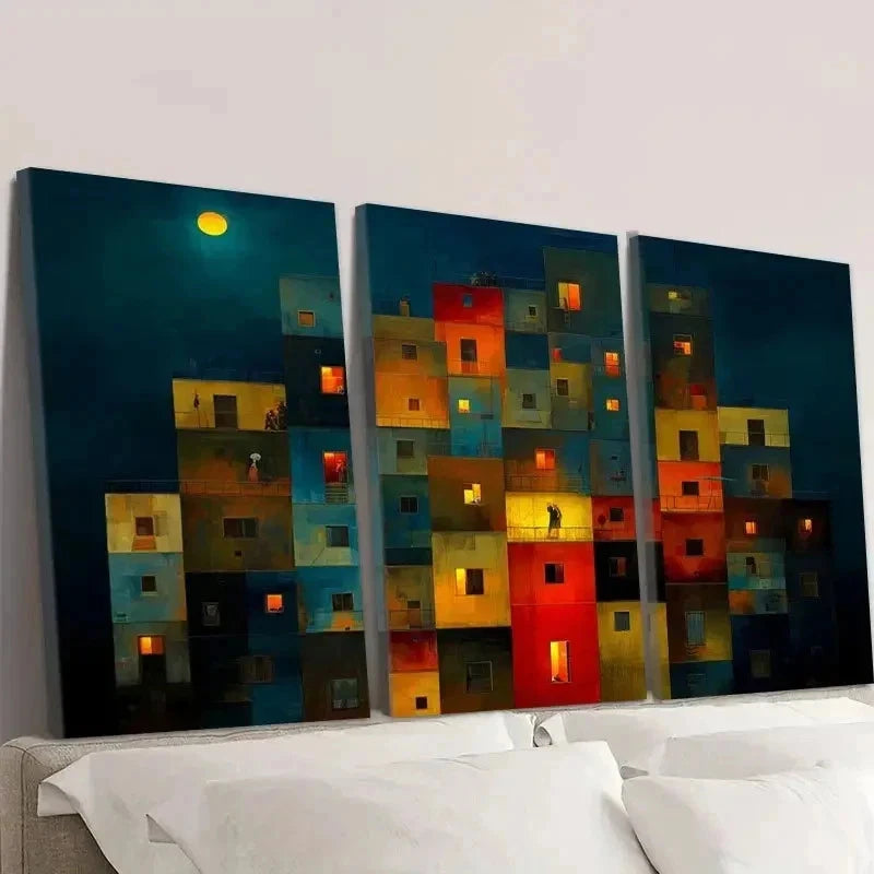 3pcs Cozy Apartment Complex at Night Wall Art Set Canvas Framed 50x70cm - High Quality Print 100% Australian Made Wall Canvas Ready to Hang - Bella Home Decor