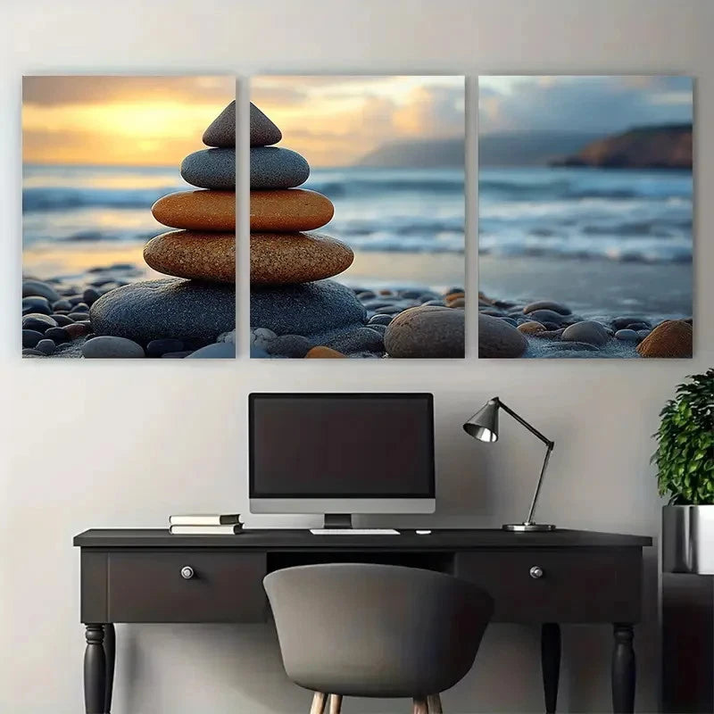 3pcs Zen Seascape Balanced Pebble Perfect Wall Art Set Canvas Framed 40x60cm - High Quality Print 100% Australian Made Wall Canvas Ready to Hang